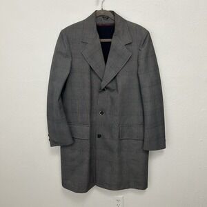VTG 70s Travelknit Gray Glen Plaid Overcoat Size 38 Tall Business Old Money Rare
